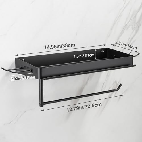 Taozun Garage Paper Towel Holder, Wall Mount Shelf, Shop Towel Holder, One-Hand Tear, Paper Towel Holder Wall Mount with 4 Detachable Hooks for Garage Organization and Storage(Black)