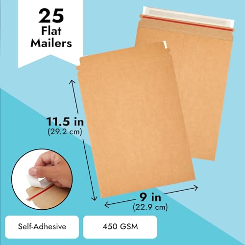 Juvale 25-Pack Stay Flat Rigid Cardboard Mailers 9 x 11.5 Inch - 450 GSM Brown Paper Comic Book Mailers Envelopes with Peel and Seal Closure for Mailing