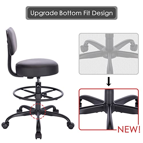 SUPERJARE Drafting Chair with Back, Adjustable Foot Rest Rolling Stool, Multi-Purpose Office Desk Chair, Thick Seat Cushion for Home Bar Kitchen Shop - All Black