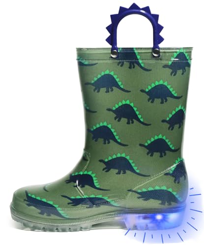 Outee Toddler Boys Rain Boots Little Kids Baby Light Up Printed Waterproof Mud Shoes Blue Shark Lightweight Rubber Adorable with Easy-On Handles Non Slip (Size 6,BLue)