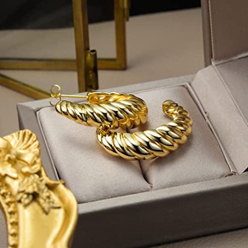 14K Gold Plated Croissant Earrings Twisted Round Hoop Earrings Chunky Hoop Earrings 925 Sterling Silver Post Earrings Huggies with CZ for Women and Gift for Her