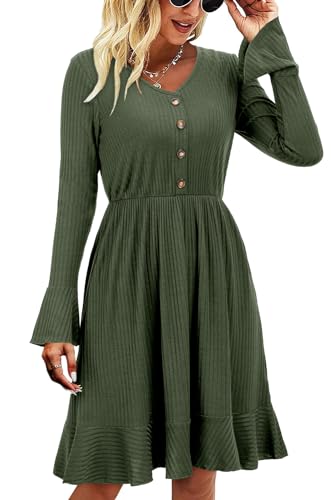 ULTRANICE Womens Fall Sweater Dresses 2024 Trendy Long Sleeve Buttons V Neck Ruffle Casual Semi Formal Wedding Guest Outfits Clothes Winter Midi Dress(Army,M)