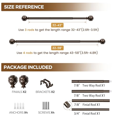 KAMANINA Single Curtain Rod 32 to 58 Inch(2.6-4.8Ft), 7/8 Inch Antique Bronze Adjustable Drapery Rod for Windows, Decorative Netted Texture End