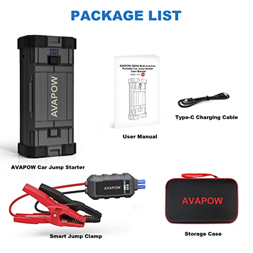 AVAPOW Jump Starter 2000A Peak Portable Battery Jump Starter for Car with Dual USB Quick Charge 3.0(Up to 8.0L Gas or 6.5L Diesel),12V Jump Box,Compact Lithium Car Power Pack