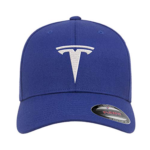 Tesla Motors Flex Fit Hat Baseball Cap Embroidered Flat Curved Brim (Curved Brim, Small/Medium, Black Hat Red Thread)