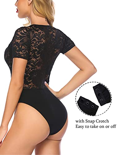 Avidlove Lace Bodysuit Sexy Short Sleeve Bodysuit Lingeriefor Women Deep V Snap Crotch Bodysuit Tops Black S