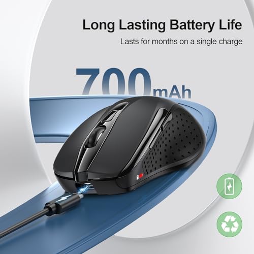 TECKNET Wireless Mouse Rechargeable, 2.4G Silent Mouse, Quiet Click, 6 Adjustable 4800 DPI, Cordless Computer Mouse, Ergonomic Mouse for Laptop, 6 Buttons USB Mouse for Chromebook, Ergo Grip - Black