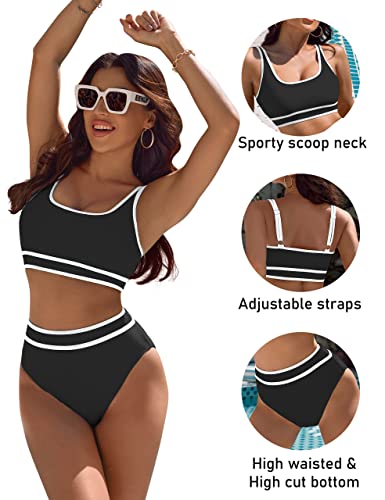 BMJL Women's High Waisted Bikinis Sets Sporty Two Piece Swimsuits Color Block Cheeky High Cut Bathing Suits(S,Sky Blue)