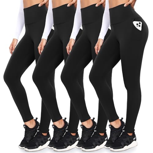 FULLSOFT 4 Pack Leggings with Pockets for Women,Soft High Waisted Tummy Control Workout Yoga Pants(4 Pack Black,Small-Medium)