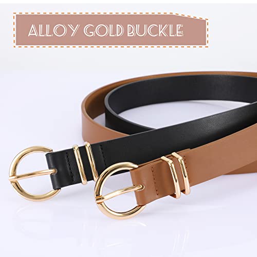 VONMELLI 2 Pack Women's Leather Belts for Jeans Dresses Fashion Gold Buckle Ladies Belt Black+Light Coffee,S