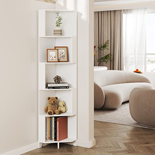 Function Home 9 Tier Tree Bookshelf, Modern Tall Geometric Bookcase, Freestanding Book Shelf, Wood Floor Storage Shelf for Living Room, Bedroom, Home Office,White