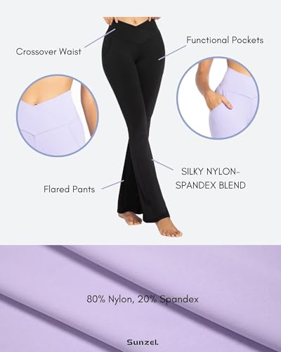 Sunzel Flared Leggings for Women with Pockets High Waist Tummy Control Yoga Pants Crossover Wide Leg Casual Workout Gym 30" Silver Small