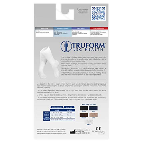 Truform Compression Socks, 15-20 mmHg, Men's Crew Length Mid-Calf Cushion Foot Socks, Black, Small