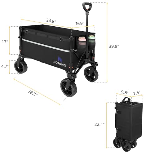 ROSONG Collapsible Wagon Cart with Wheels Foldable - Folding Utility Heavy Duty Wagons Carts for Grocery Sports Garden Shopping Camping