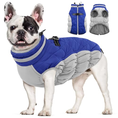 AOFITEE Dog Coat, Warm Dog Winter Coat for Small Dogs, Reflective Turtleneck Dogs Jacket with Harness Built in, Waterproof Windproof Pet Fleece Vest Snow Jacket for Cold Weather, Blue S