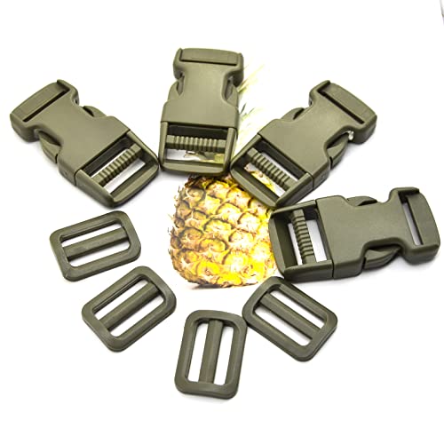 MELORDY 1 inch Buckles Straps Set with 10 Yards Nylon Webbing, 10 pcs Quick Side Release Plastic Buckle, 20 pcs Tri-glide Slide Clip for Luggage and Backpack Replacement (Army Green)