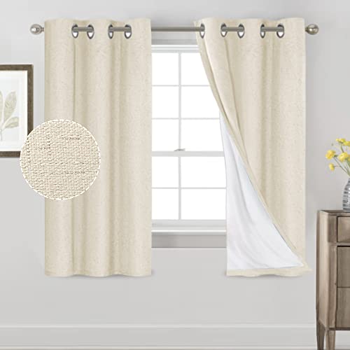 PrinceDeco Primitive Textured Linen 100% Blackout Curtains for Bedroom/Living Room Energy Saving Window Treatment Curtain Drapes, Burlap Fabric with White Liner (42 x 64 inch, Pure White)