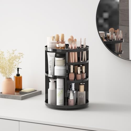 Jiavarry Rotating Makeup Organizer for Vanity, 360 Spinning Skincare Organizers with Adjustable Trays, Make Up Desk Storage Carousel Rack, Cosmetic Display Cases for Dresser Bathroom Countertop