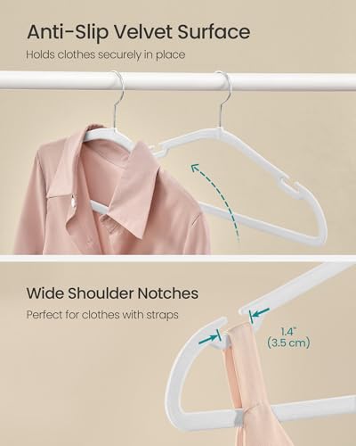 SONGMICS Velvet Hangers 50 Pack, Non-Slip Clothes Hangers, 17 x 8.3 Inches, Coat Hangers with Wide Shoulder Notches, Pants Bar, 360° Swivel Hook, Space-Saving, for Closet, Cloud White UCRF039W01