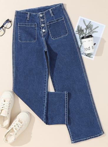 Sidefeel Women's Wide Leg Jeans High Waisted Stretchy Straight Leg Jeans Buttoned Loose Denim Pants with Pocket Sail Blue Size 14 Short