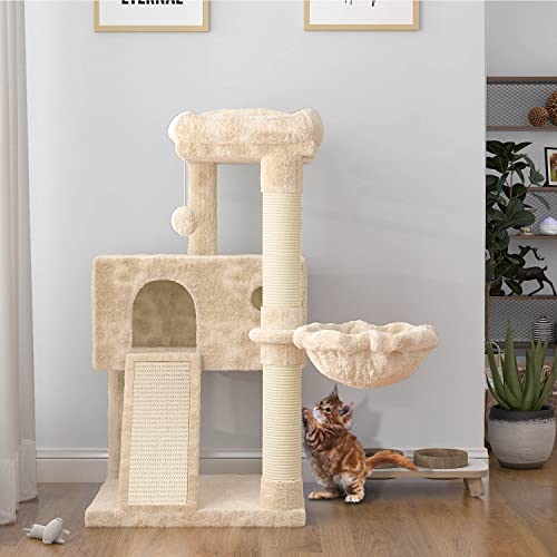 SHA CERLIN Cat Tree 36 Inches Cat Tower with Cat Hammock, Sisal Scratching Post for Indoor Cats, Small Room, Beige