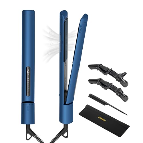 KUSNCA Professional Flat Iron Hair Straightener and Curler Iron 2 in 1, Ceramic Negative Ion Straightening, Dual Voltage Travel Pack, Front Anti-Scald Function, LCD 230°F-450°F, 1 Inch (Blue)