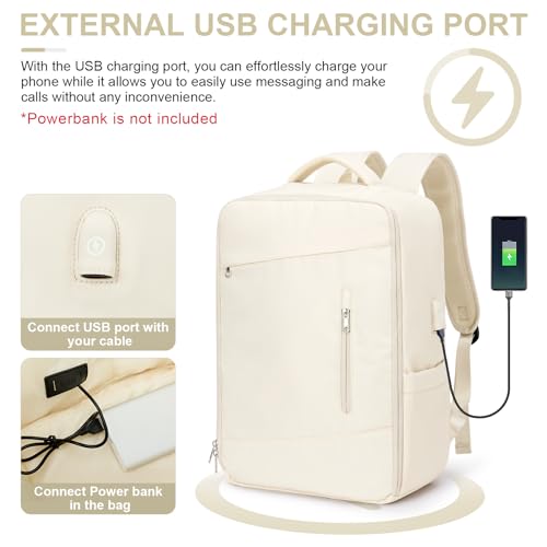 Large Laptop Travel Backpack for Women, Carry On Backpack Airline Approved, Hiking College Bag with USB Charging Port,Gym Work Daypack Backpack for Weekender,Beige