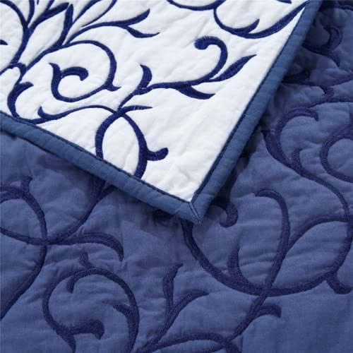 mixinni Reversible Twin Quilt 2-Piece Blue Embroidery Pattern Elegant Quilt Set with Embroidered Decorative Sham Soft King Size Bedspread&Coverlet Set-Twin, Blue