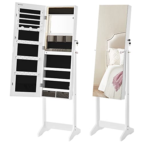 SONGMICS Mirror Jewelry Cabinet Standing Armoire Organizer, Jewelry Storage with Full-Length Frameless LED Lights, Built-in Makeup Mirror, 2 Drawers, Lockable, White UJJC023W01