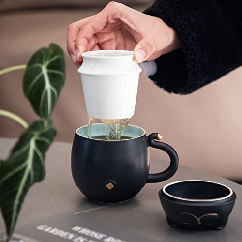 HEER Ceramic Tea Cup with Infuser and Lid, Cute Lucky Cat Coffee Mug Gift for Cat Lovers, Chinese Loose Leaf Tea Steeper. (Black)