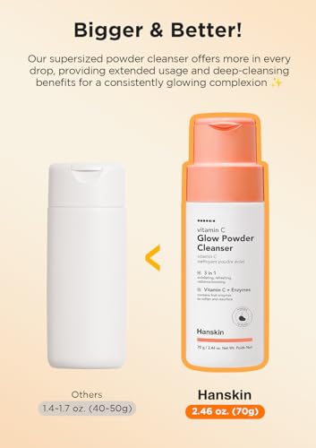 Hanskin Vitamin C Glow Powder Cleanser - Gentle Face Wash for Brightening & Radiant Skin, Papaya Enzyme Powder Facial Cleanser for Dry Skin, Exfoliating & Refreshing Korean Skincare [2.36 fl oz.]