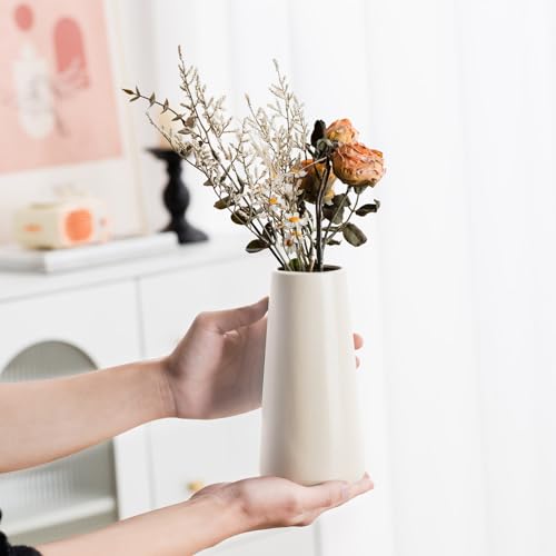 Beige Ceramic Vase - 8“ Neutral Vase Home Decor, Boho Off White vase, Cream vases for Flower, Minimalist Modern Ivory Vases for Centerpieces, Room Decor, Living Room, Bedroom