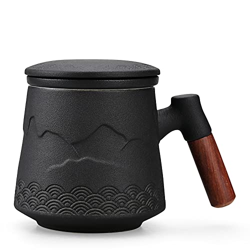 NCQIXIAO Tea Cup with Infuser and Lid, Gradual Mountain and Spray Tea Mug Cups with Infuser, Wood Handle Ceramic Coffee Mug with Lid Tea 430ml/14.50 OZ (Black)