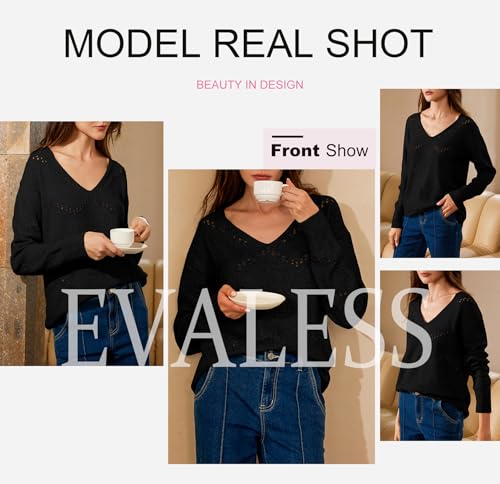 EVALESS Womens Sweaters Summer Tops for Women 2025 Trendy Teacher Outfits Crochet Sweaters Fall Clothes Dressy Casual Lightweight Cable Knit Tops Sexy V Neck Green Pullover Sweater, Medium