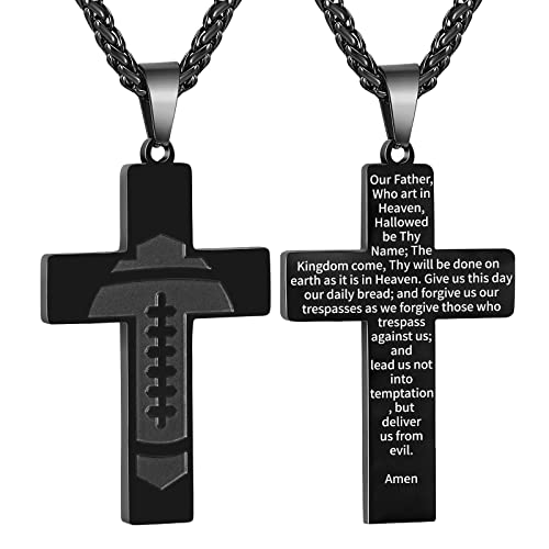 GLITTO Football Cross Necklace for Boys Men Stainless Steel Pendant Chain Religious Christian Baptism First Communion Confirmation Stuff Gear Accessories Jewelry Gift Lord's Prayer Black