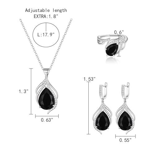 EleQueen Bridal Wedding Jewelry Sets for Bride Bridesmaid, Cubic Zirconia Silver-Tone Teardrop Crystal Pendant Necklace Dangle Earrings Open Rings Set Black Silver-Tone