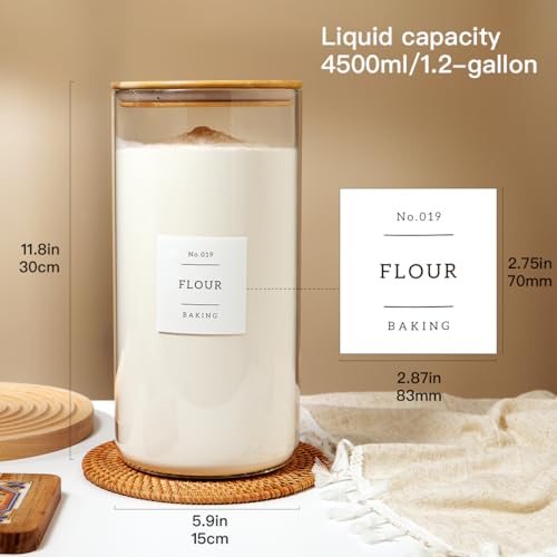 HHMJSM 1.2 Gallon Large Glass Grain Storage Container With Airtight Bamboo Lid - Kitchen Glass Storage Jars With 42 Pantry Labels - Thicken Big Clear Rice and Flour Containers For Your Pantry