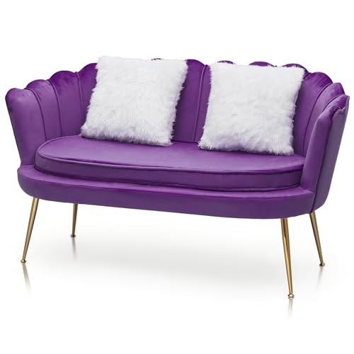 Magshion Purple Velvet Couch Tufted Loveseat with 2 Pillows, Velvet Love Seat Accent Chair, Modern Scalloped Back Upholestered Armchair with Metal Legs, Cushion Padded Sofa
