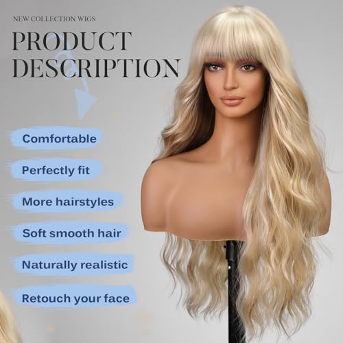 KOME Ombre Ash Blonde Wigs with Bangs,Grey Blonde Long Wavy Wig for Women,Long Curly Synthetic Hair Wig for Party Daily Use 26IN