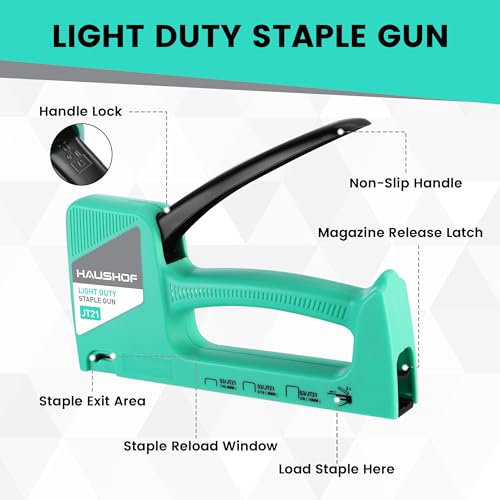 HAUSHOF Light Duty Staple Gun, Upholstery Staple Gun with 800PCS JT21 Staples and Stapler Remover, Green Staple Gun Kit fits JT21 Staple of 1/4'', 5/16'' & 3/8'' for Classroom, Crafts, DIY, Decoration