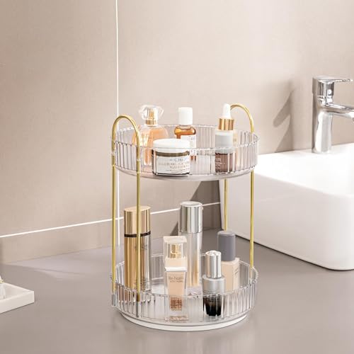 Vorey 360 Rotating Makeup Organizer Countertop Clear 2 Tier Bathroom Organizer Spinning Perfume Organizers, Skincare Organizers Makeup Carousel Cosmetic Brush Storage for Vanity, Countertop