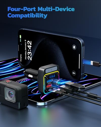 Nulaxy 54W Bluetooth 5.3 Car Adapter with 4 Charging Ports [PD 36W & QC3.0 18W], Wireless Radio FM Transmitter with Deep Bass Player & 5 Colors LED Backlit, Hands-Free Calling - NX16 Black