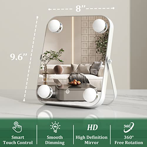 ROLOVE Vanity Mirror with Lights, Hollywood Makeup Mirror with Light, Lighted Tabletop Makeup Mirror with 4 Dimmable LED Bulbs, Portable Travel Makeup Mirror with U-Shaped Bracket, Smart Touch Control