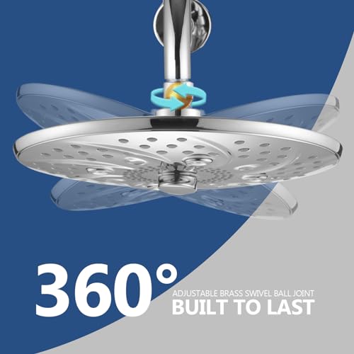 PDPBath Large 10 Inch Rain Shower Head with Extension Arm, 8-Setting Rainfall Showerhead with Extender, High Pressure Shower Heads with 16.7" Shower Arm Extension, Chrome