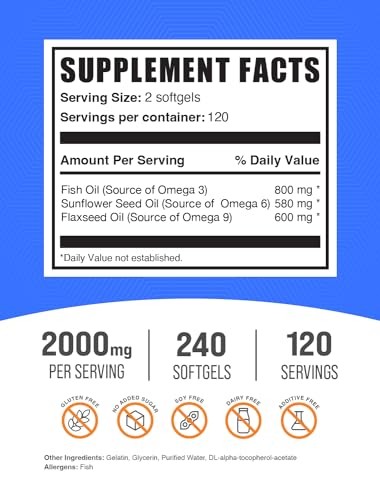 BULKSUPPLEMENTS.COM Omega 3-6-9 Softgels - Triple Omega Supplement, with Omega 6 & 9, with Fish Oil Omega 3-2 Softgels per Serving, 120-Day Supply, 240 Softgels (Pack of 1)