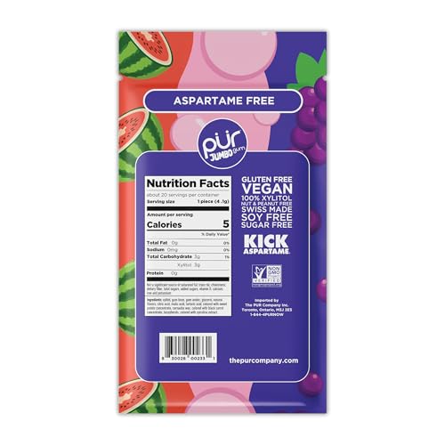 PUR Jumbo Gum | Aspartame Free Chewing Gum | 100% Xylitol | Natural Bubblegum, Grape, Watermelon Flavor, 20 Pieces (Pack of 1)