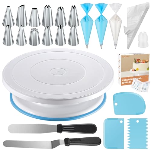 Kootek 71PCs Cake Decorating Supplies Kit with Revolving Cake Stand Turntable, 12 Numbered Icing Piping Tips, 2 Spatulas, 3 Icing Comb Scraper, 50+2 Piping Bags, and 1 Coupler for Baking