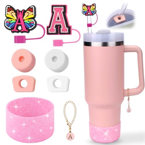 AIERSA Cup Accessories Set for Stanley 40oz Cups, 2Pcs Pink Straw Cover Caps for 10 mm Straws, 4Pcs Silicone Spill Stopper, 1pcs Letter Charms and 1Pcs Glitter Silicone Boot for Stanley 40oz Tumbler