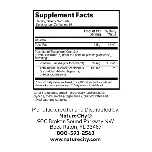 NatureCity True-E Full Spectrum Tocotrienols Vitamin E & Natural Alpha Tocopherol Supplement | Sustainable Vitamin E Tocotrienols from Evnol Suprabio | Non-GMO Vitamin E Complex | 60 Soft gels