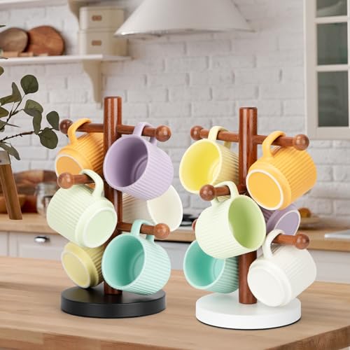 E-ROOM TREND Mug Holder, Coffee Cup Tree for Countertop with Carbon Steel Stable Base and 6 Hooks, Wooden Mug Rack Coffee Cup Stand Display Organizer, Kitchen Bar Station Mug Collection (MH326W)